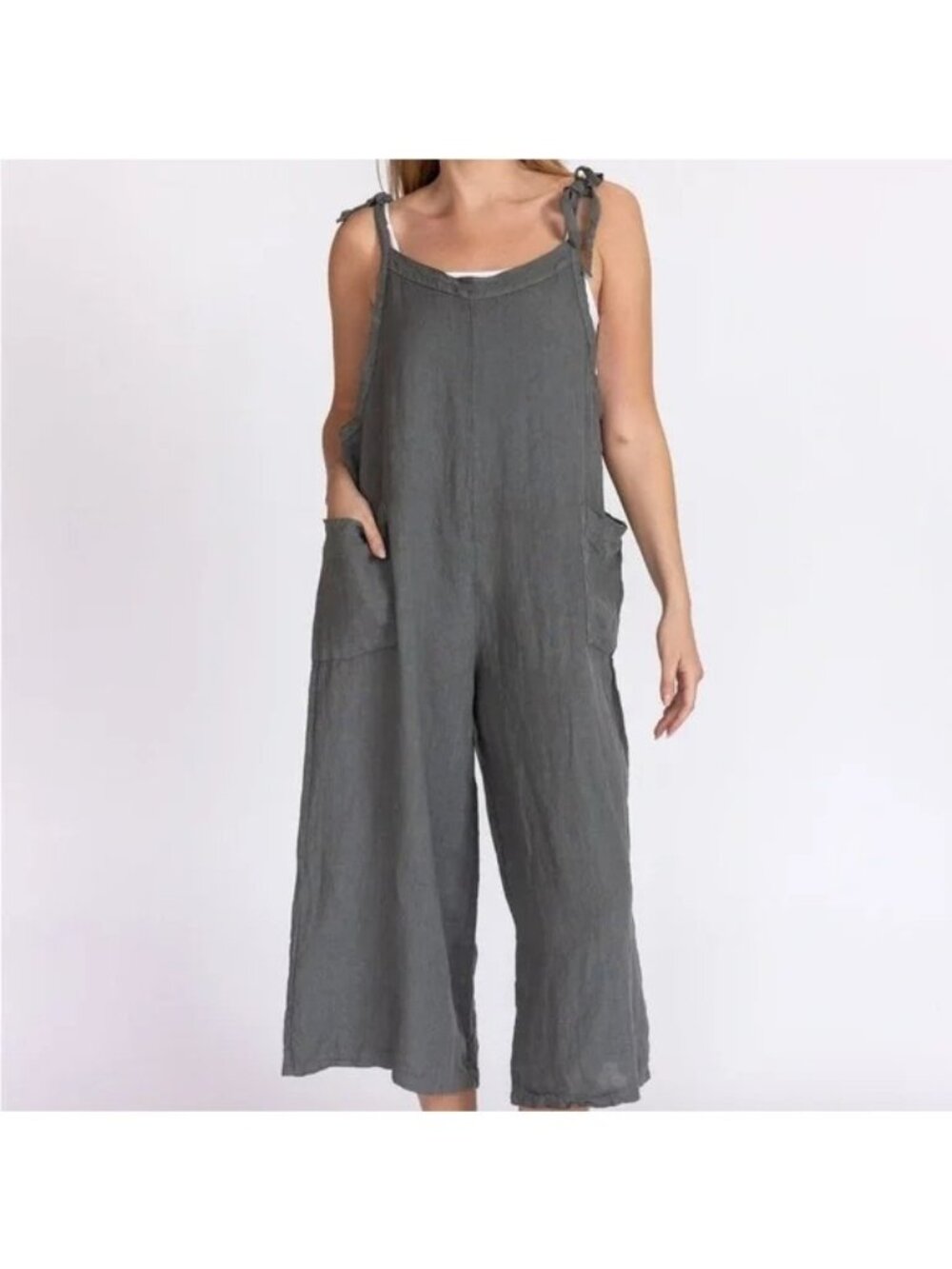 Meo Meli Italian Linen Jumpsuit Boho Romper Wide Leg In Charcoal Gray OS